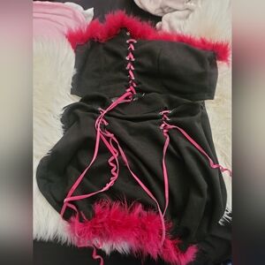 Bratz Shein Fur Trim Cropped Tube Ribbom Top Mini Skirt Set 0XL